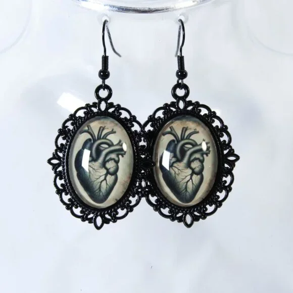 Victorian Anatomical Heart Cameo Earrings Tan Background - Picture 5 of 6